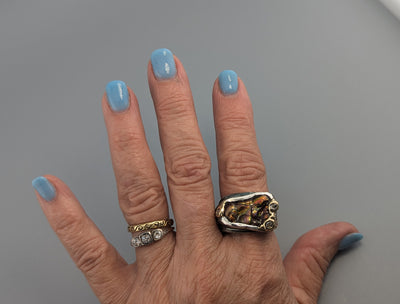 Carved Fire Agate, Sterling Silver and 14kt Gold Ring