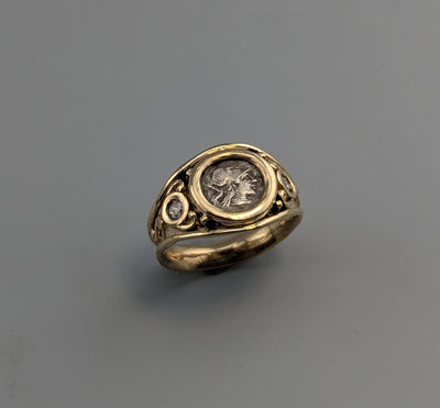 Ancient AR Obol, Athena, 14kt Gold Wide Band