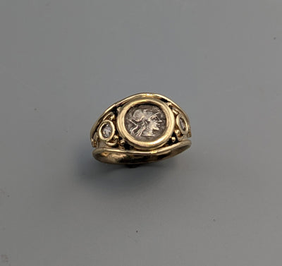 Ancient AR Obol, Athena, 14kt Gold Wide Band