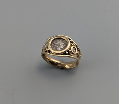 Ancient AR Obol, Athena, 14kt Gold Wide Band