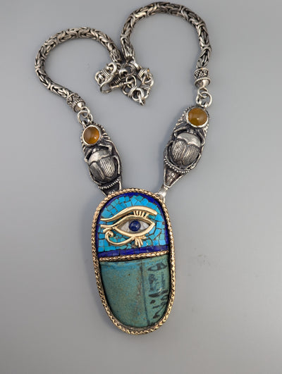 Ancient 3,500 Year Old Egyptian Faience set in Sterling Silver and 14kt Gold Necklace