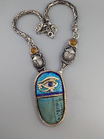 Ancient 3,500 Year Old Egyptian Faience set in Sterling Silver and 14kt Gold Necklace