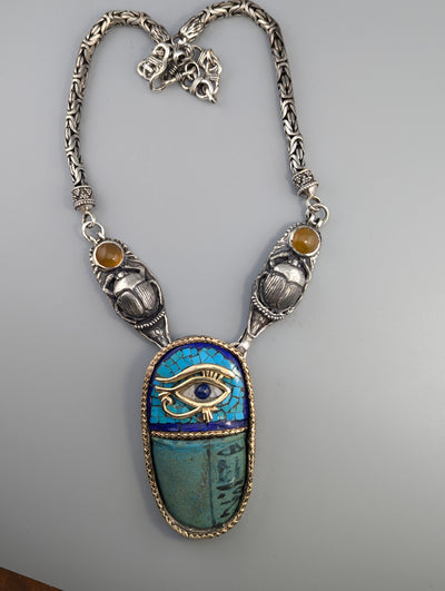 Ancient 3,500 Year Old Egyptian Faience set in Sterling Silver and 14kt Gold Necklace