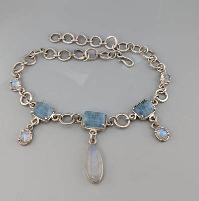 Aquamarine and Rainbow Moonstone, Sterling Silver Necklace