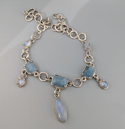 Aquamarine and Rainbow Moonstone, Sterling Silver Necklace