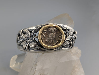 Old Style Athena Owl, AR Tetradrachm, Sterling Silver Bracelet with 14kt Gold Bezel