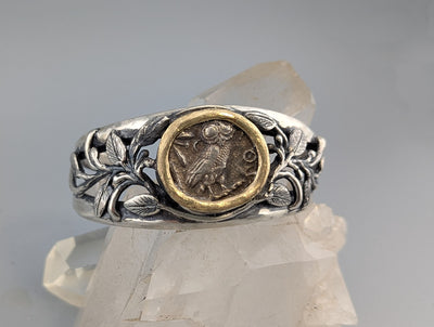 Old Style Athena Owl, AR Tetradrachm, Sterling Silver Bracelet with 14kt Gold Bezel