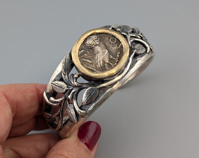 Old Style Athena Owl, AR Tetradrachm, Sterling Silver Bracelet with 14kt Gold Bezel