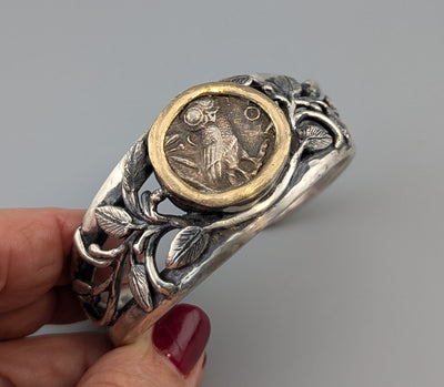 Old Style Athena Owl, AR Tetradrachm, Sterling Silver Bracelet with 14kt Gold Bezel