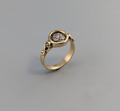 Athena, Ancient AR Obol, 14kt Gold Ring