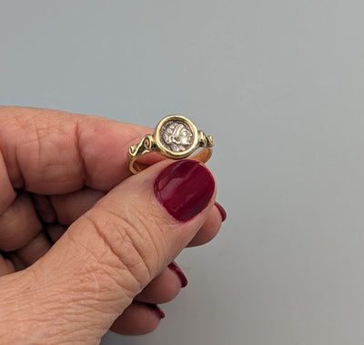 Athena, Ancient AR Obol, 14kt Gold Ring