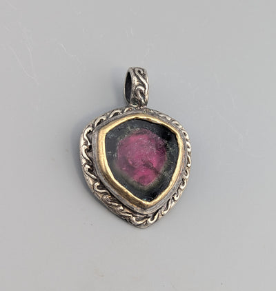 Watermelon Tourmaline, Sterling Silver Pendant with 14kt Gold Bezel