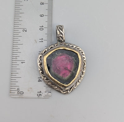 Watermelon Tourmaline, Sterling Silver Pendant with 14kt Gold Bezel