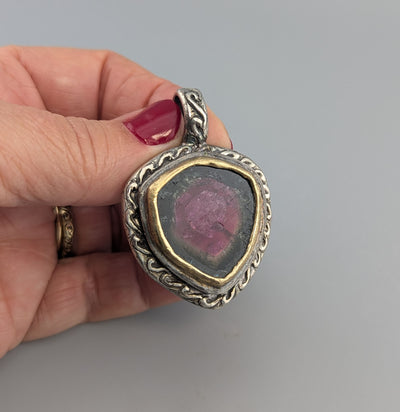 Watermelon Tourmaline, Sterling Silver Pendant with 14kt Gold Bezel