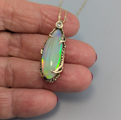 Ethiopian Opal, 14kt Gold Pendant with Rose Cut Diamond