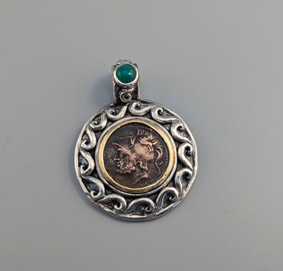 Ancient AE Bruttium, Ares, Sterling Silver and 14kt Gold Pendant