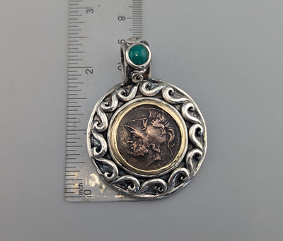 Ancient AE Bruttium, Ares, Sterling Silver and 14kt Gold Pendant