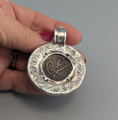 Ancient AE Bruttium, Ares, Sterling Silver and 14kt Gold Pendant