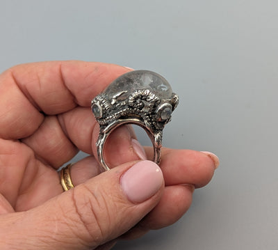 Chlorite Included Quartz with Dolphin Carving in Sterling Silver Octopus Ring