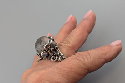 Chlorite Included Quartz with Dolphin Carving in Sterling Silver Octopus Ring