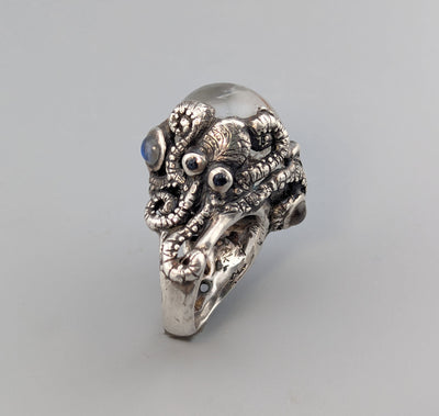 Chlorite Included Quartz with Dolphin Carving in Sterling Silver Octopus Ring