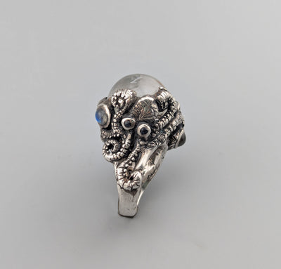 Chlorite Included Quartz with Dolphin Carving in Sterling Silver Octopus Ring