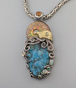 Large Jurassic Classic SS/14kt Pendant with Drusy Chrysocolla, Ammonite Fossil and Stones