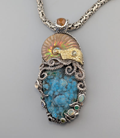 Large Jurassic Classic SS/14kt Pendant with Drusy Chrysocolla, Ammonite Fossil and Stones