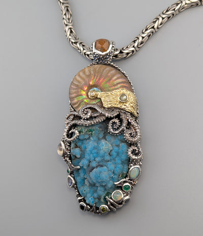 Large Jurassic Classic SS/14kt Pendant with Drusy Chrysocolla, Ammonite Fossil and Stones