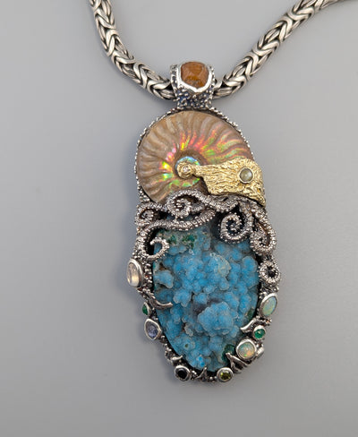 Large Jurassic Classic SS/14kt Pendant with Drusy Chrysocolla, Ammonite Fossil and Stones