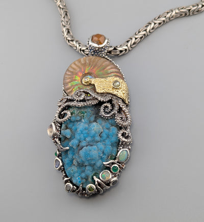 Large Jurassic Classic SS/14kt Pendant with Drusy Chrysocolla, Ammonite Fossil and Stones