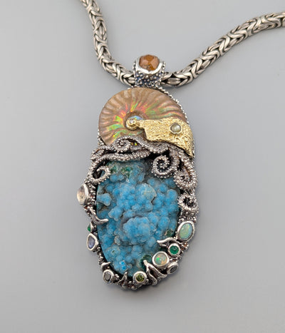 Large Jurassic Classic SS/14kt Pendant with Drusy Chrysocolla, Ammonite Fossil and Stones