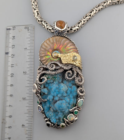 Large Jurassic Classic SS/14kt Pendant with Drusy Chrysocolla, Ammonite Fossil and Stones