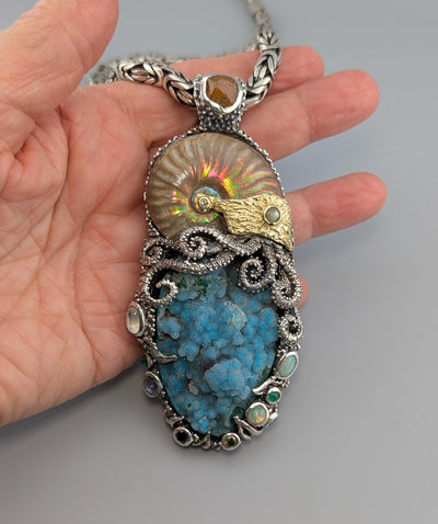 Large Jurassic Classic SS/14kt Pendant with Drusy Chrysocolla, Ammonite Fossil and Stones