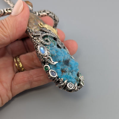 Large Jurassic Classic SS/14kt Pendant with Drusy Chrysocolla, Ammonite Fossil and Stones
