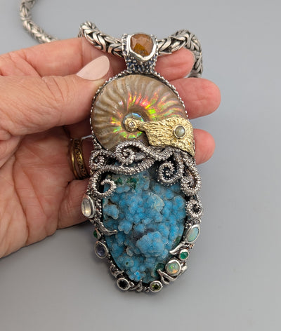 Large Jurassic Classic SS/14kt Pendant with Drusy Chrysocolla, Ammonite Fossil and Stones