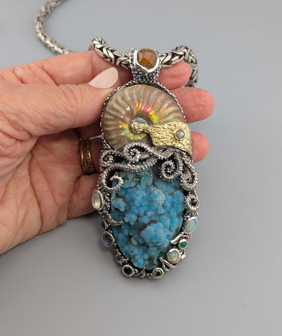 Large Jurassic Classic SS/14kt Pendant with Drusy Chrysocolla, Ammonite Fossil and Stones