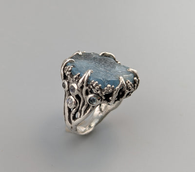 Carved Natural Surface Aquamarine, Sterling Silver Ring