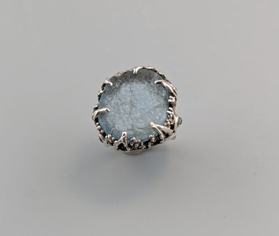 Carved Natural Surface Aquamarine, Sterling Silver Ring