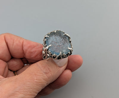 Carved Natural Surface Aquamarine, Sterling Silver Ring