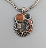 Sikhote Alin Meteorite, Sterling Silver Pendant with Spessartite Garnet, Black Diamond and Orange Sapphires