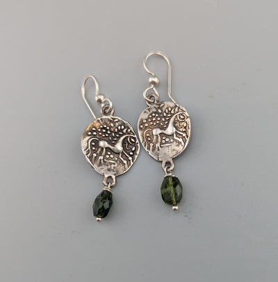 Sterling Silver Ancient Celtic Coin Pony Replica Earrings with Tourmaline Drops