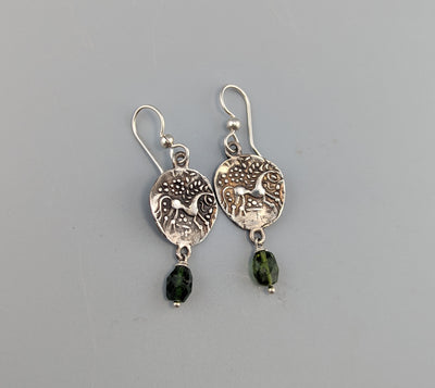 Sterling Silver Ancient Celtic Coin Pony Replica Earrings with Tourmaline Drops