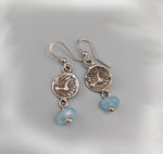 Sterling Silver Ancient Celtic Coin Replica Earrings with Aquamarine Drops