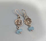 Sterling Silver Ancient Celtic Coin Replica Earrings with Aquamarine Drops