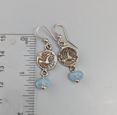 Sterling Silver Ancient Celtic Coin Replica Earrings with Aquamarine Drops