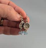 Sterling Silver Ancient Celtic Coin Replica Earrings with Aquamarine Drops