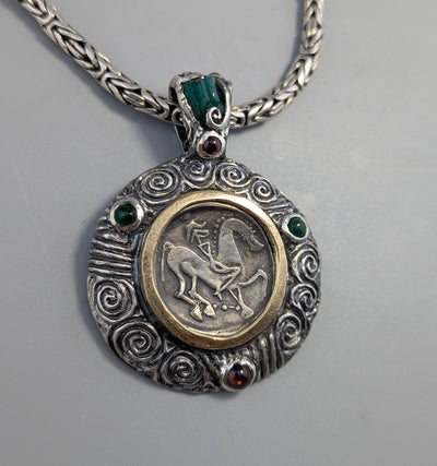 Ancient Coin, Celtic Stater, Sterling Silver and 14kt Gold Pendant
