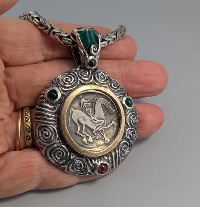 Ancient Coin, Celtic Stater, Sterling Silver and 14kt Gold Pendant
