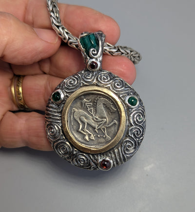 Ancient Coin, Celtic Stater, Sterling Silver and 14kt Gold Pendant